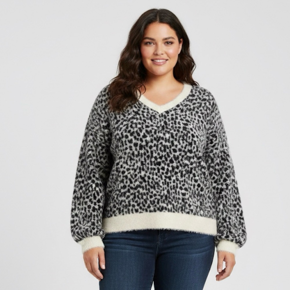 LOFT Black and Cream Animal Print V-Neck Sweater